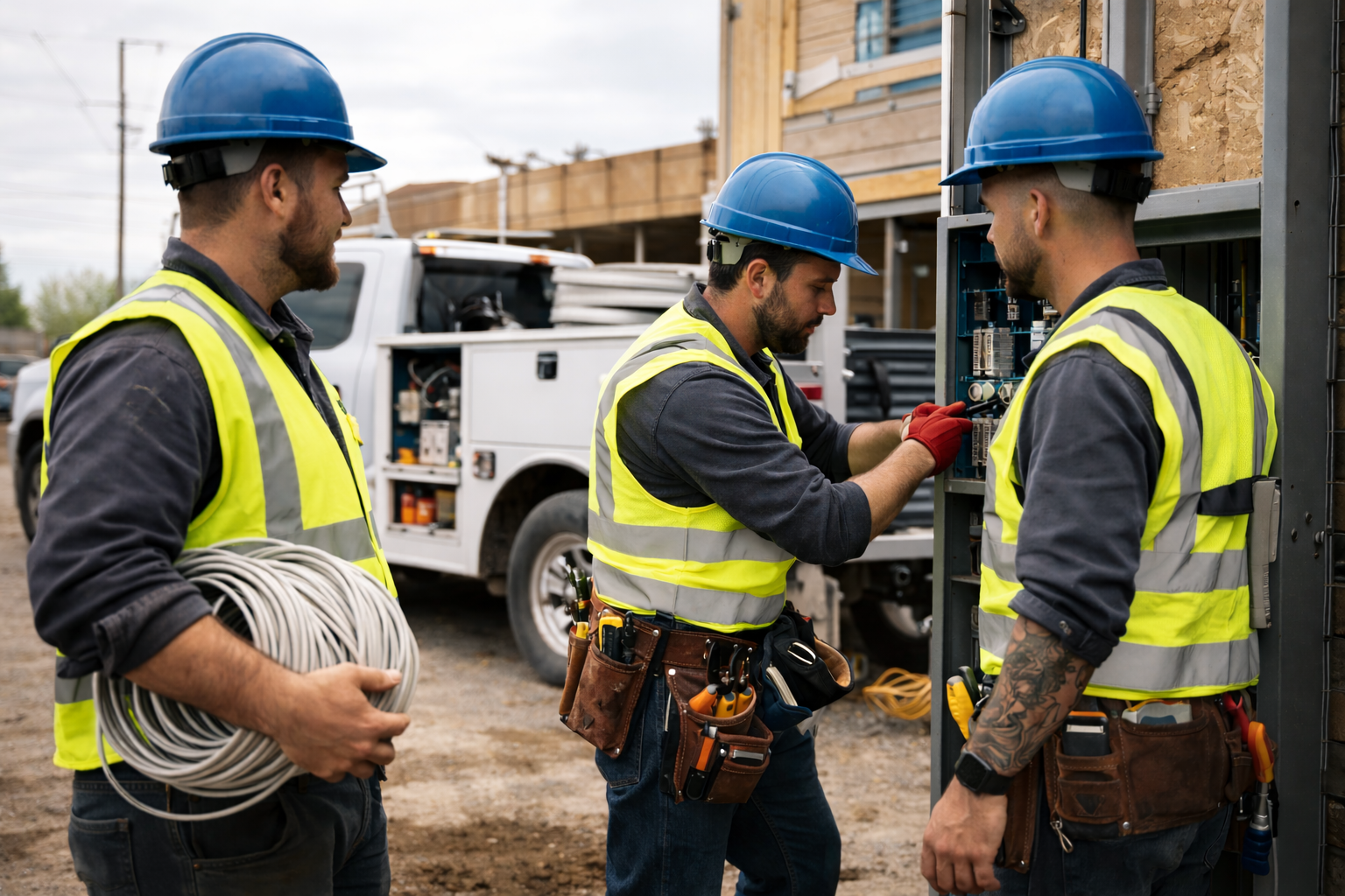 Électriciens au Québec sur le terrain, ambiance professionnelle